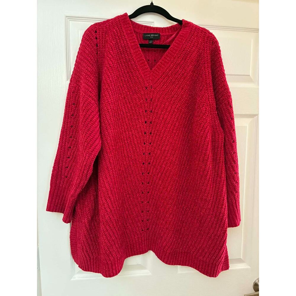 Lane Bryant Womens Plus V-Neck Chunky Knit Sweater Red 22/24 Cozy Pullover